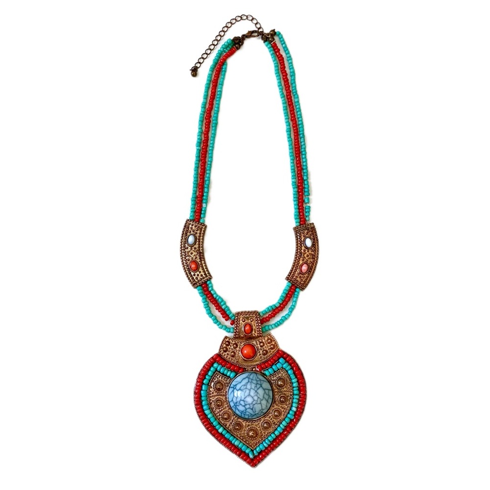 LAST CHANCE SALE!Artisan Turquoise and Red Coral Heart Pendant Beaded Necklace